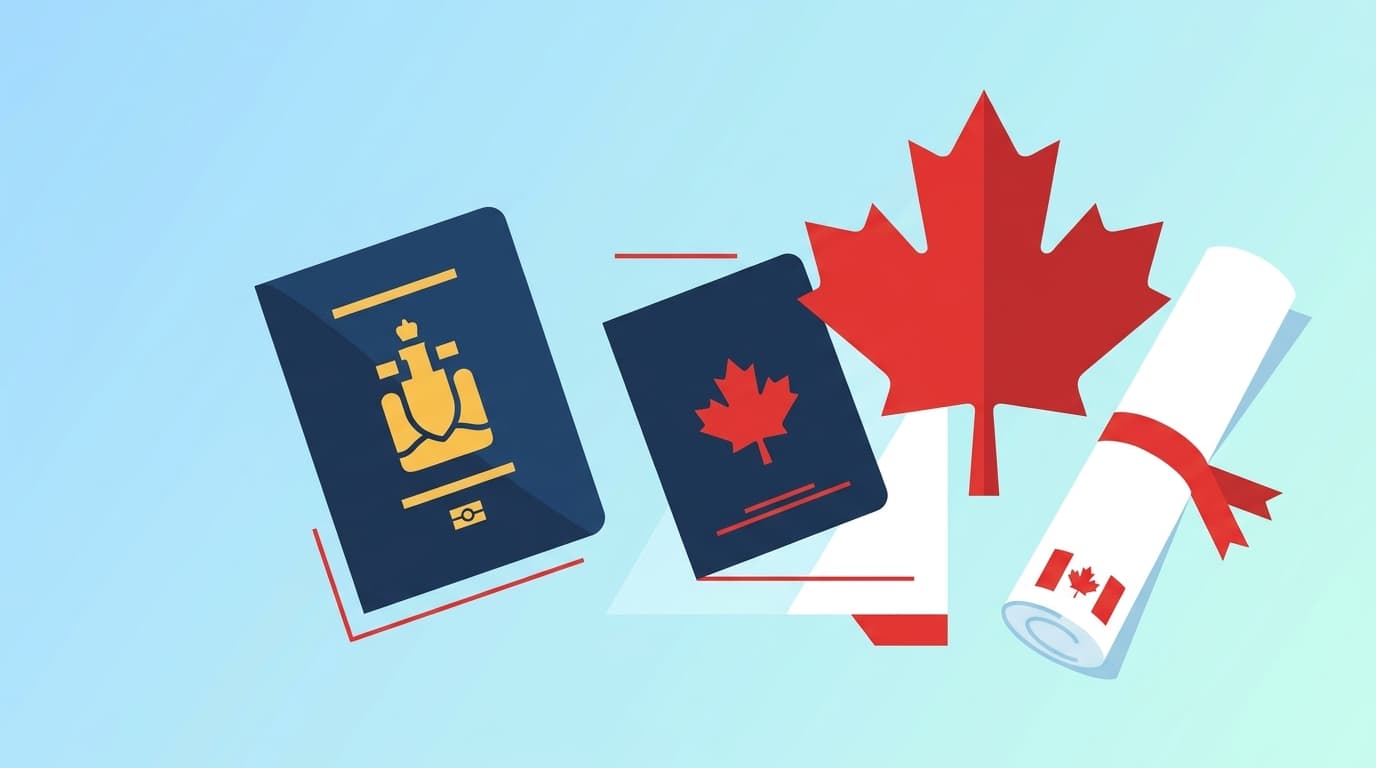 Illustration of Canadian citizenship with a passport, maple leaf and certificate