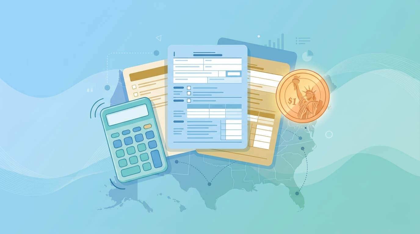 Illustration of US tax forms, a calculator and a dollar coin