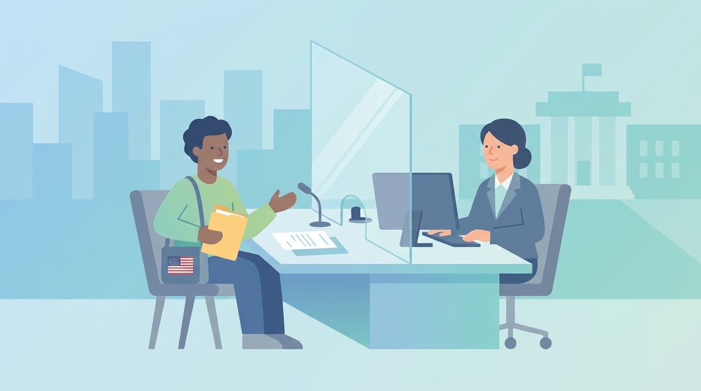 Illustration of a visa interview at a US embassy desk