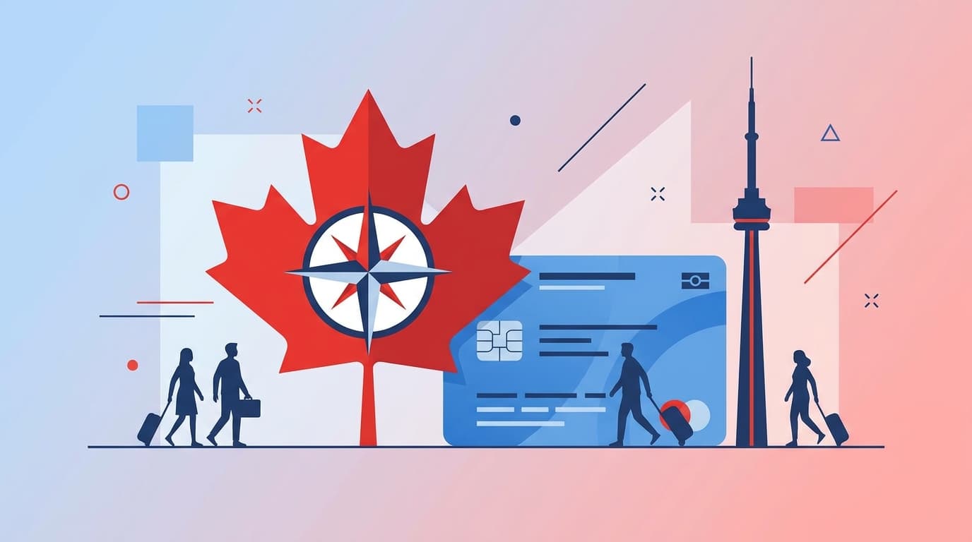 Illustration of Canada Express Entry with a maple leaf, PR card and CN Tower