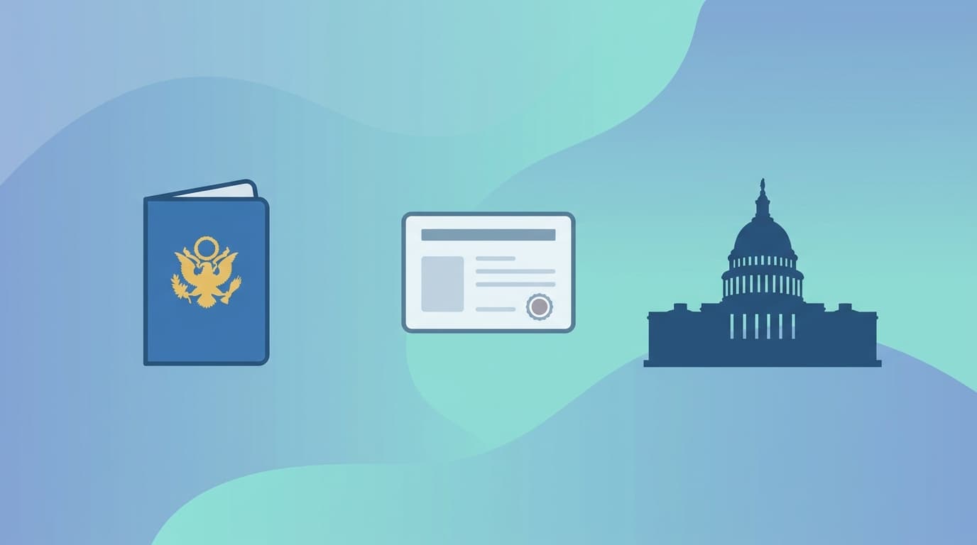 Illustration of a US passport, work visa document and the US Capitol